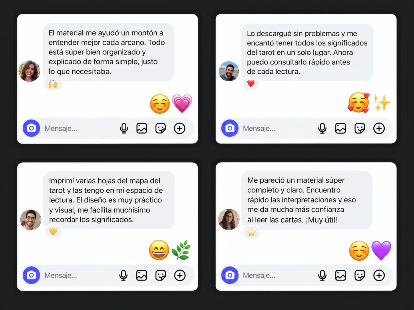 Cuatro mensajes de clientes que ya usan los 78 mapas mentales del Tarot